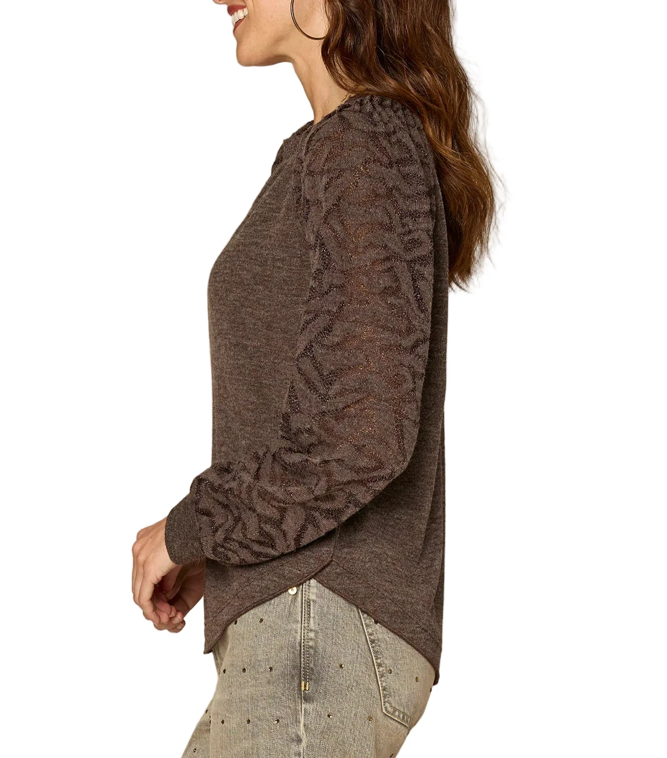 Democracy Womens Long Blouson Sleeve Mandarin Collar Half Placket Mixed Media Knit Top - Image 2