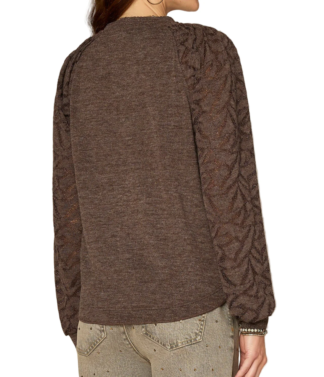Democracy Womens Long Blouson Sleeve Mandarin Collar Half Placket Mixed Media Knit Top - Image 3