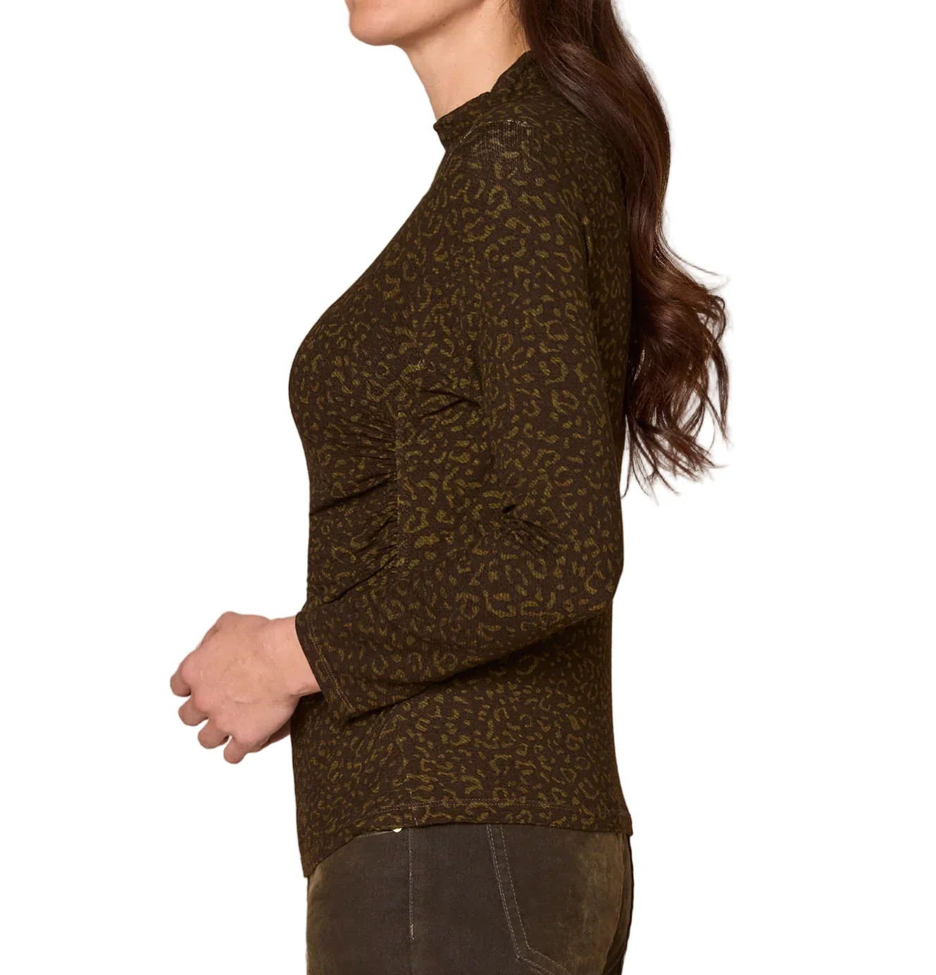 Democracy Womens Long Sleeve Mock Neck Asymmetrical Side Ruching Animal Print Knit Top - Image 2