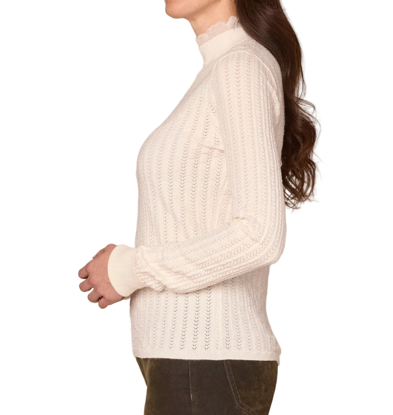 Democracy Womens Long Sleeve Mock Neck Pointelle Beaded Ruffle Edge Sweater - Image 2