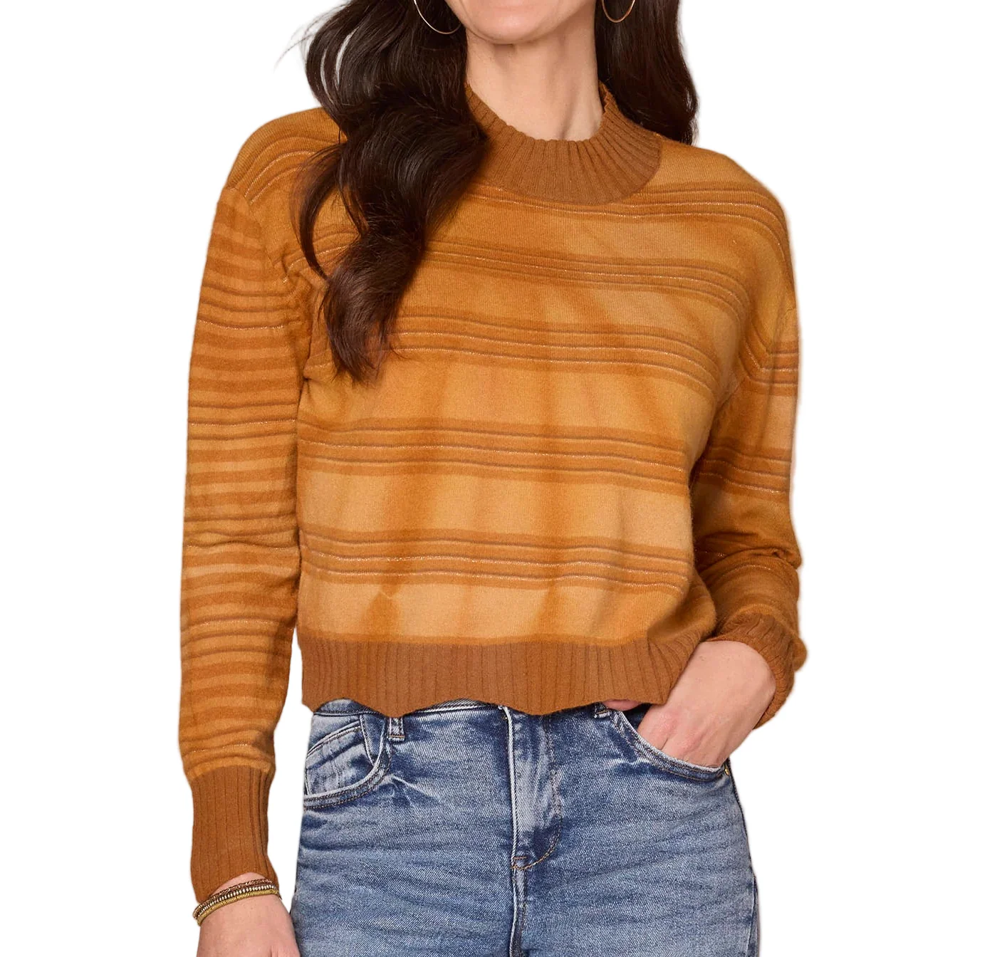Democracy Womens Long Sleeve Mock Neck Wavy Scallop Hem Stripe Mix Tie Dye Sweater