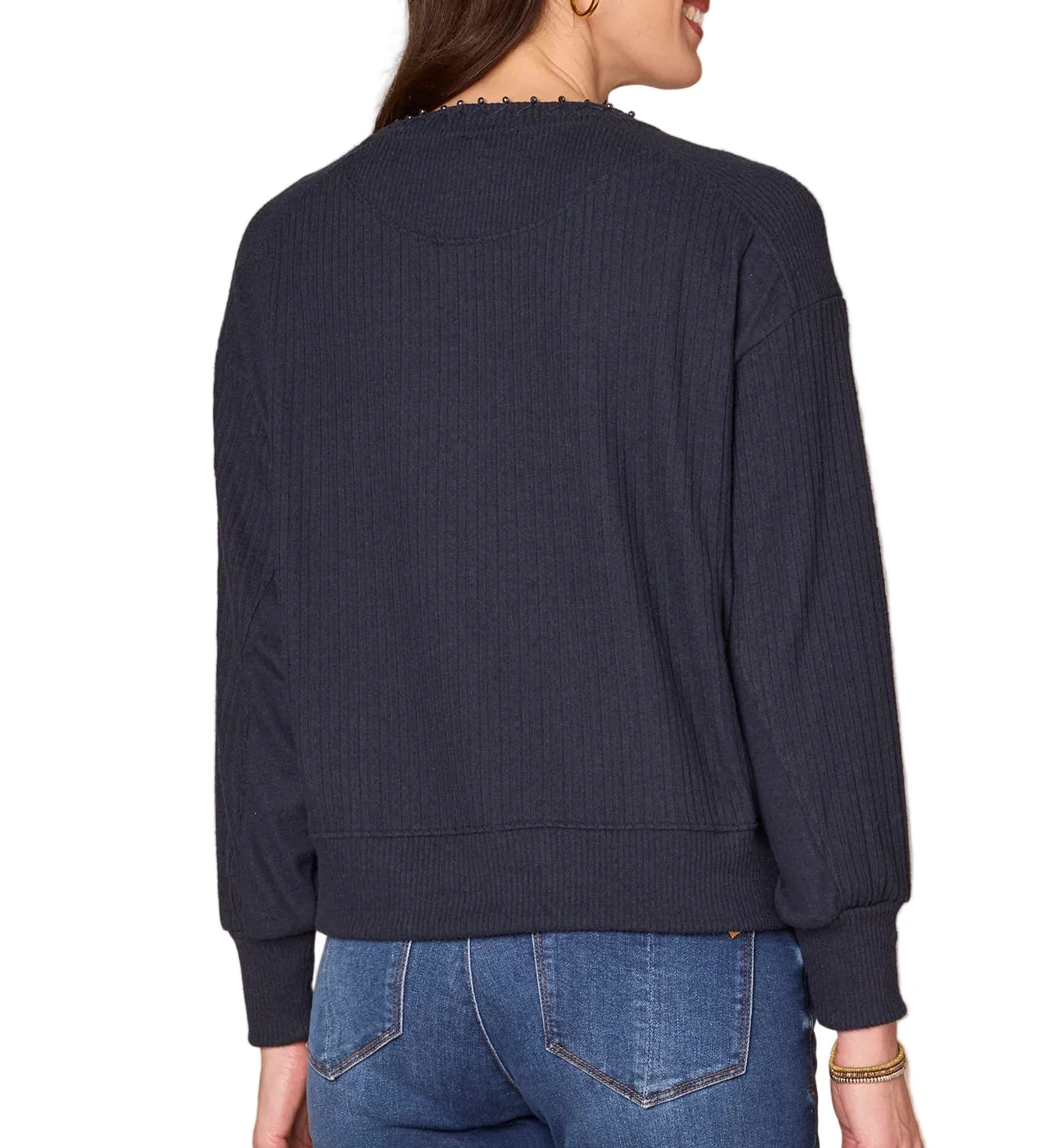 Democracy Womens Long Sleeve Scoop Neck Embroidered Pearl Detail Mixed Media Knit Top - Image 3