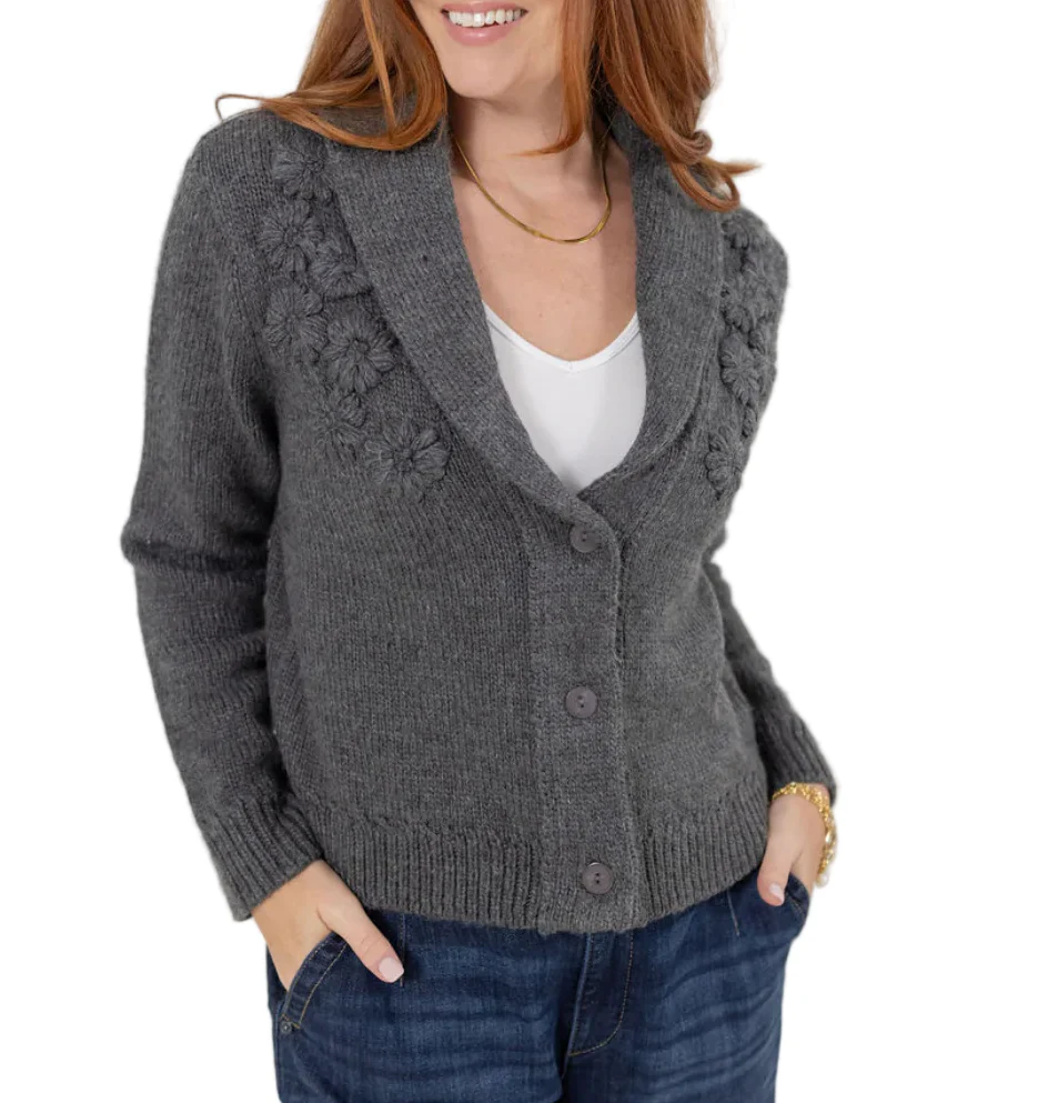 Democracy Womens Long Sleeve Shawl Collar Button Down Embroidered Sweater Cardigan - Image 2