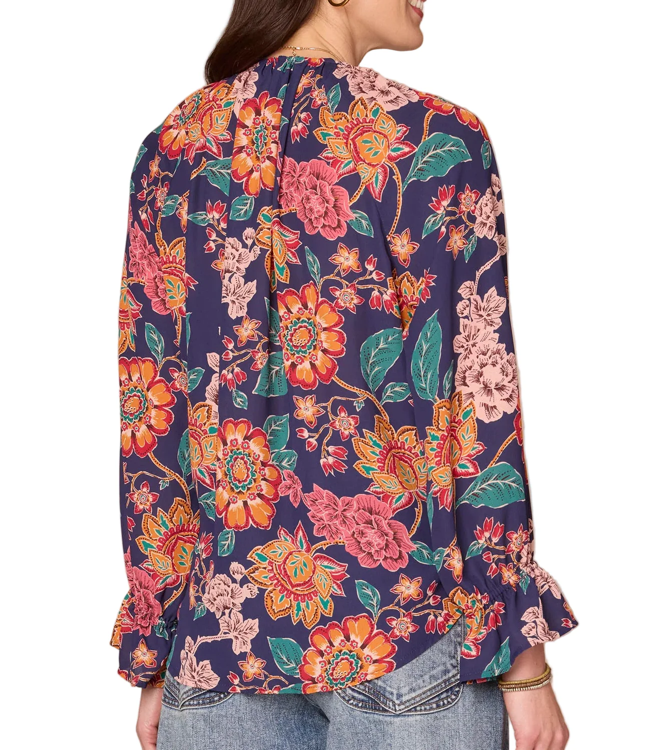 Democracy Womens Long Flounce Sleeve Split Neck Ruffle Front Floral Print Woven Top - Image 3
