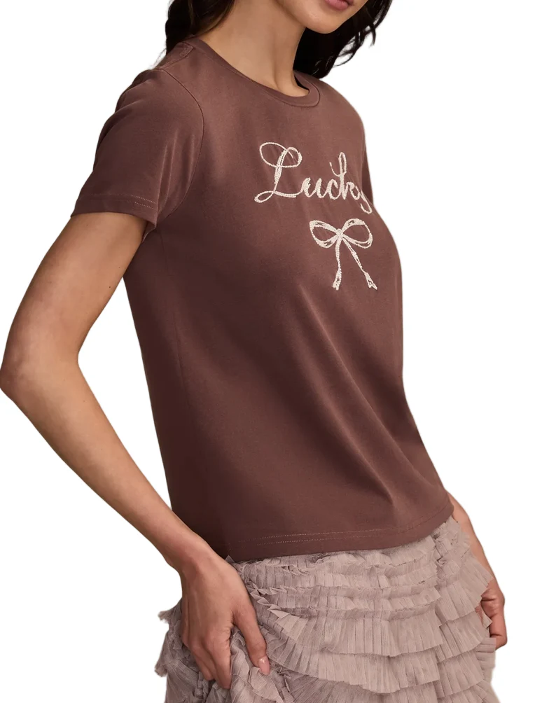 Lucky Brand Womens Lucky Bow Seed Beads Classic Crewneck T-Shirt - Image 4