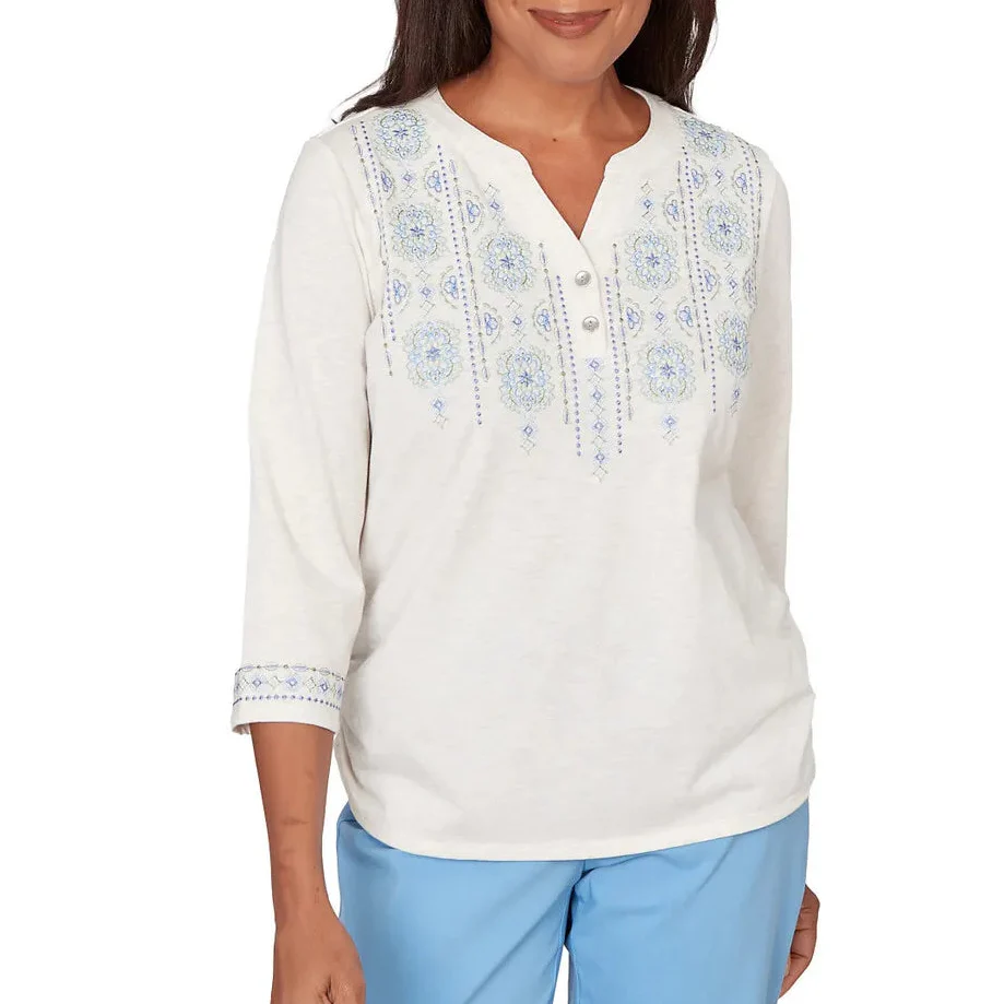 Ruby Rd. Womens Medallion Embroidered Ruched Henley Top