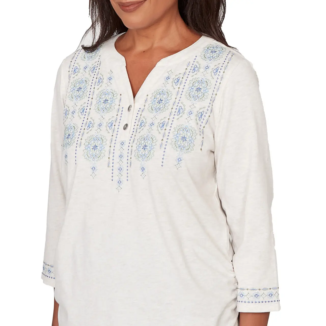 Ruby Rd. Womens Medallion Embroidered Ruched Henley Top - Image 3