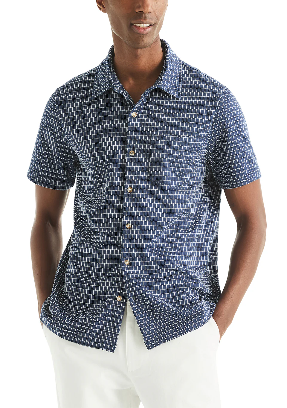 Nautica Mens Brick Pattern Short Sleeve Button Down Shirt