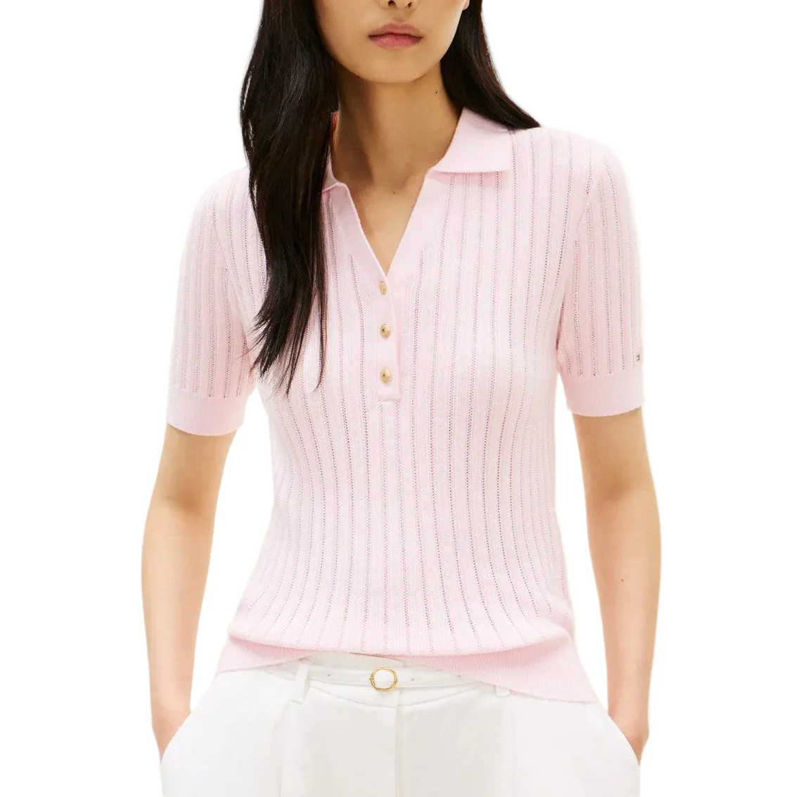 Tommy Hilfiger Womens Pointelle Rib Short-Sleeve Polo Sweater