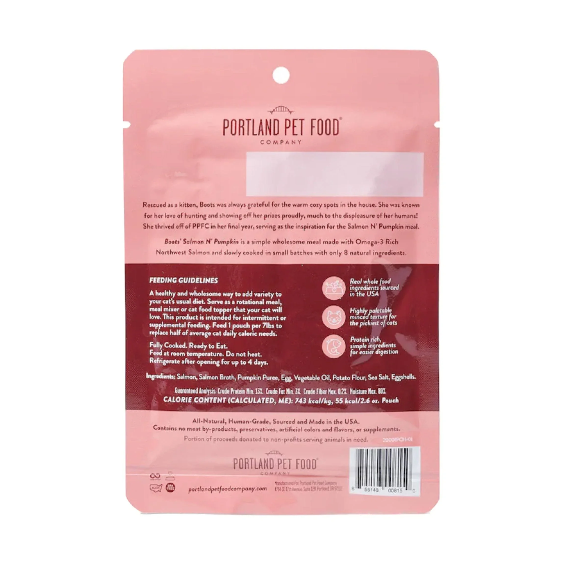 Portland Pet Food Company Boots' Salmon N' Pumpkin Homestyle Cat Meal Pouch - 2.6 oz. - Image 2