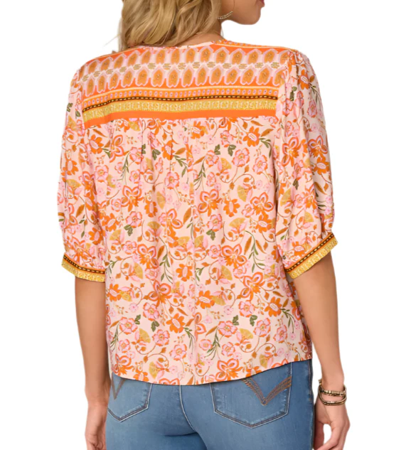 Democracy Womens Elbow Sleeve V-Notch Neck Floral Print Woven Top - Image 2