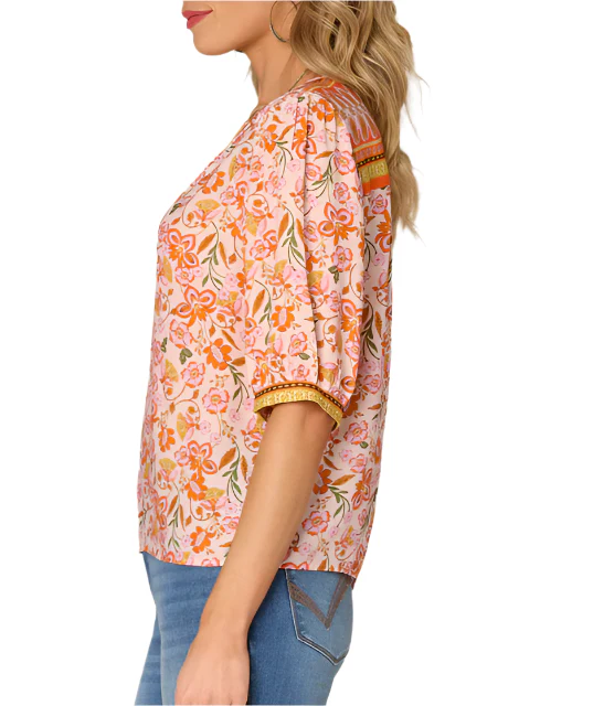 Democracy Womens Elbow Sleeve V-Notch Neck Floral Print Woven Top - Image 3