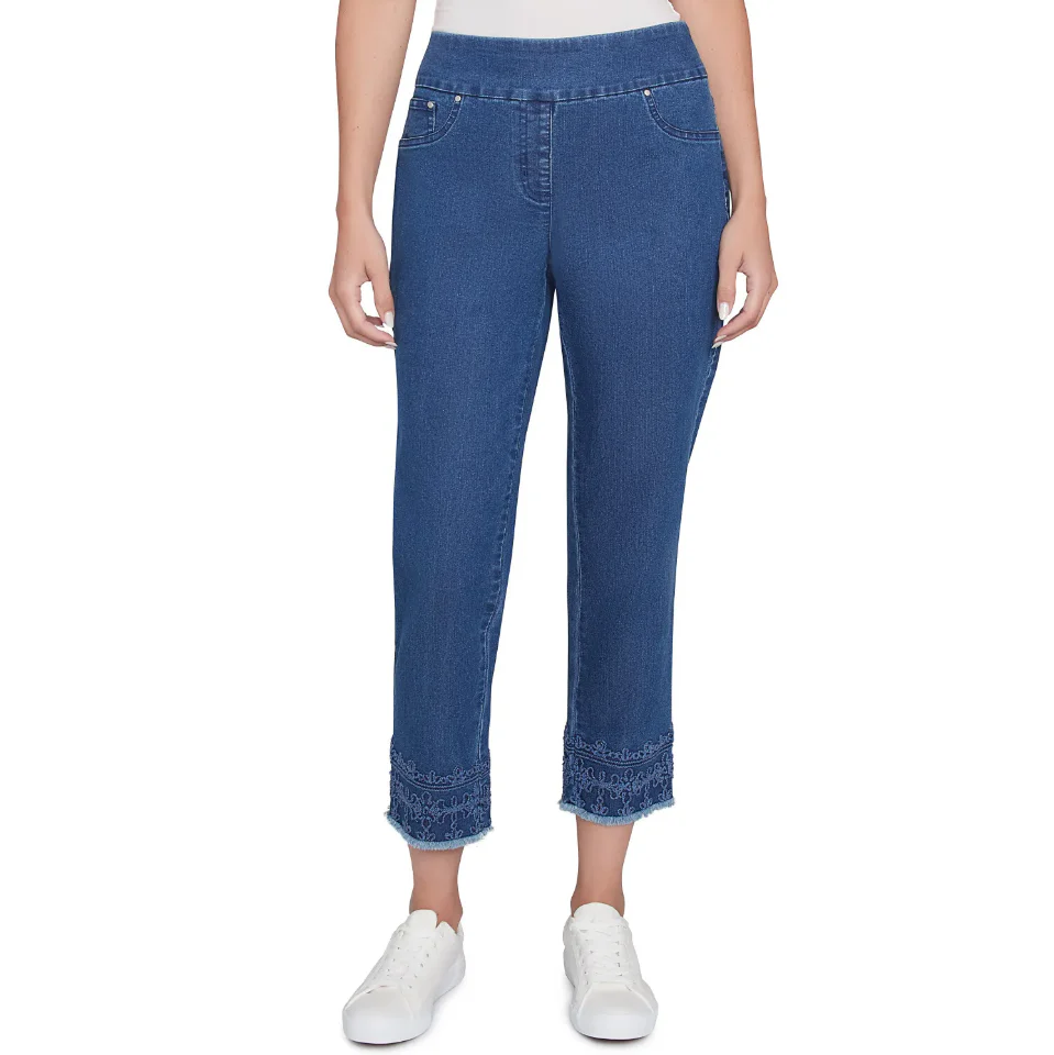 Ruby Rd. Womens Embroidered Extra Stretch Dark Denim Jeans