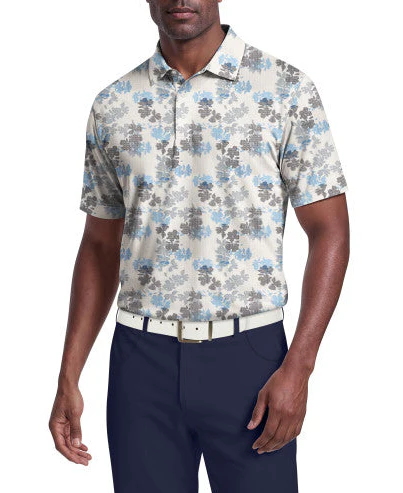 PGA Tour Mens Geometric Textured Floral Print Golf Short Sleeve Polo Shirt - Image 2