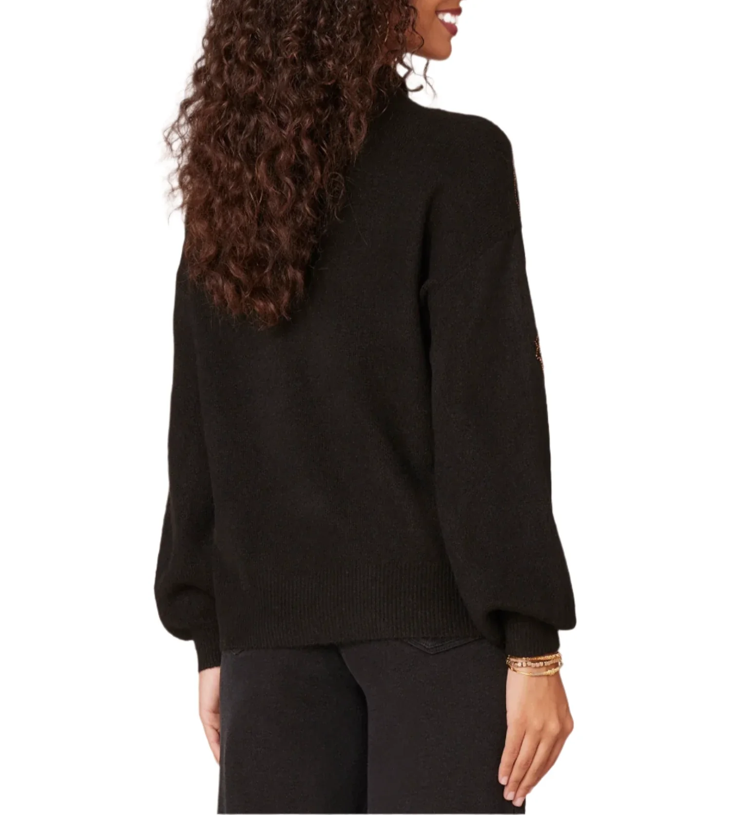 Democracy Womens Blouson Sleeve Mock Neck Rhinestone Embroidered Sweater - Image 3