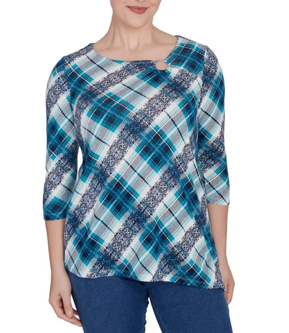 Ruby Rd. Womens Ring Neck Plaid Hatchi Knit 3/4 Sleeve Top