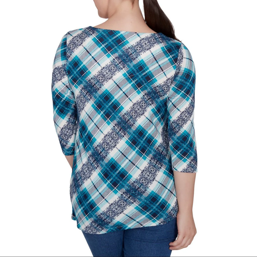 Ruby Rd. Womens Ring Neck Plaid Hatchi Knit 3/4 Sleeve Top - Image 2
