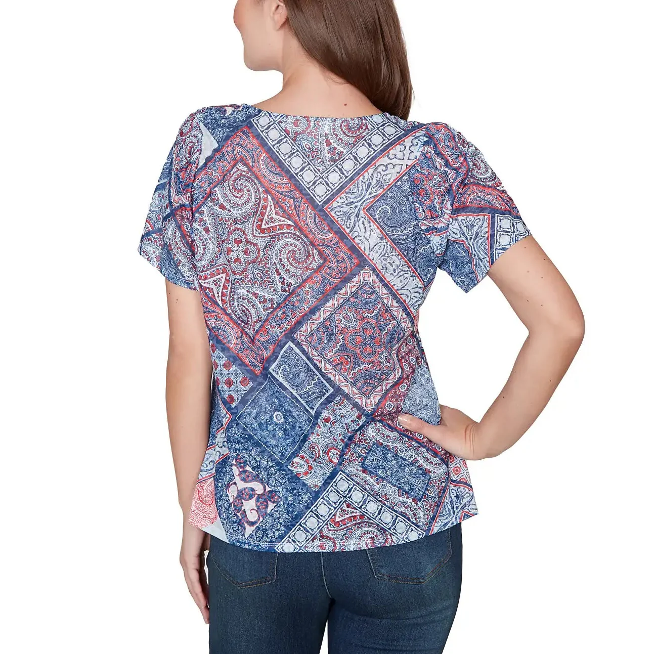 Ruby Rd. Womens Patchwork Shirred Scoop Neck Short Sleeve T-Shirt - Image 2