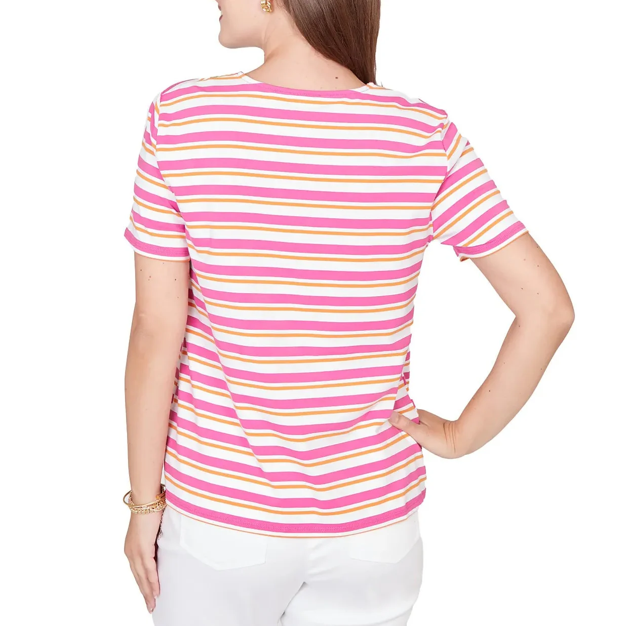 Ruby Rd. Womens Crochet Neck Stripe Knit Short Sleeve T-Shirt - Image 2