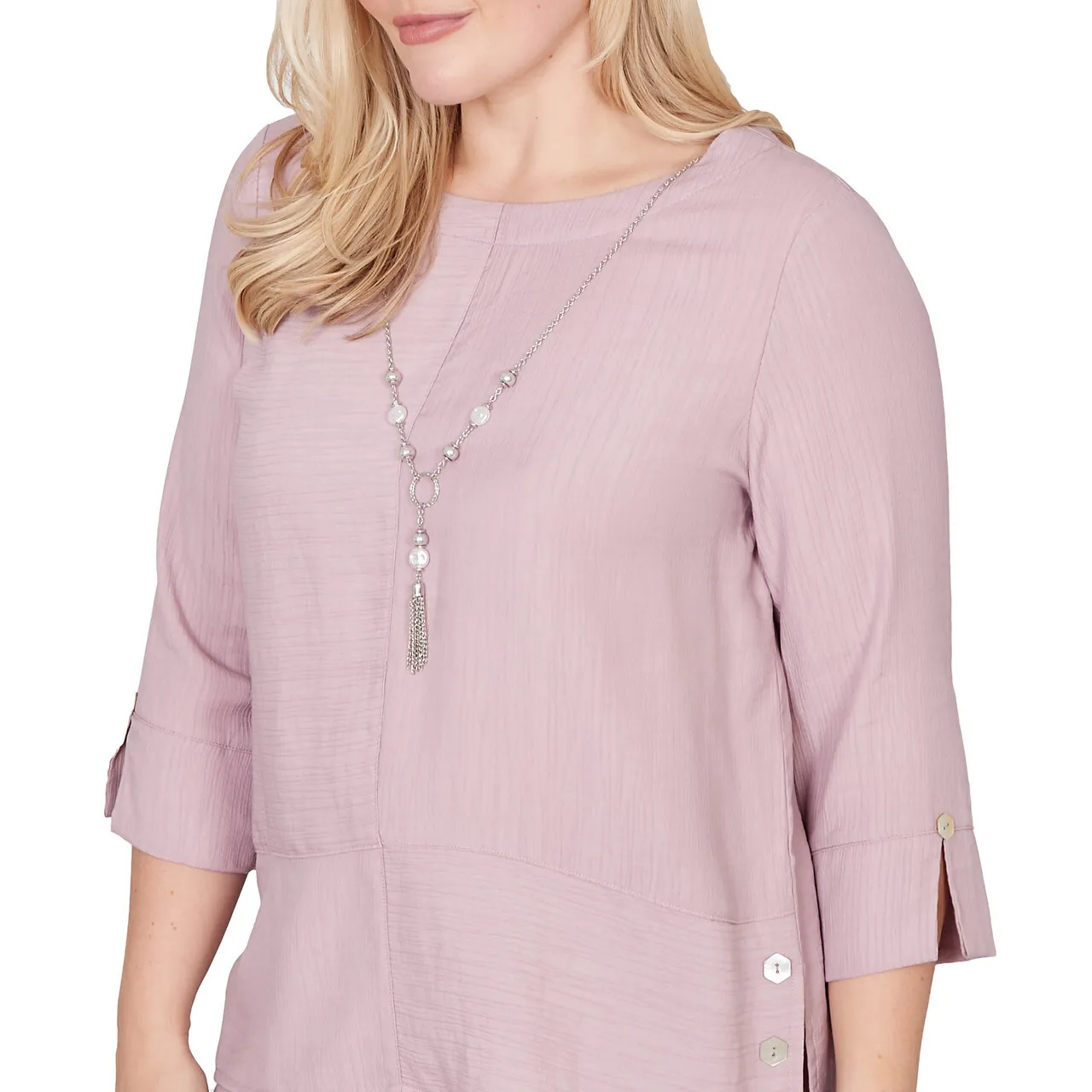 Alfred Dunner Womens Textured Spliced Rose Top with Necklace - Image 5