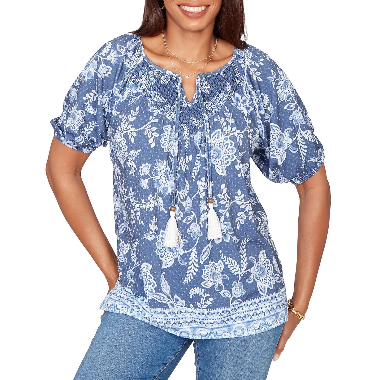 Ruby Rd. Womens Smocked Floral Clip Dot Top