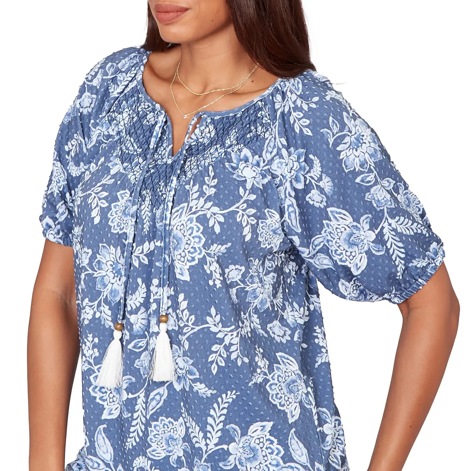 Ruby Rd. Womens Smocked Floral Clip Dot Top - Image 5