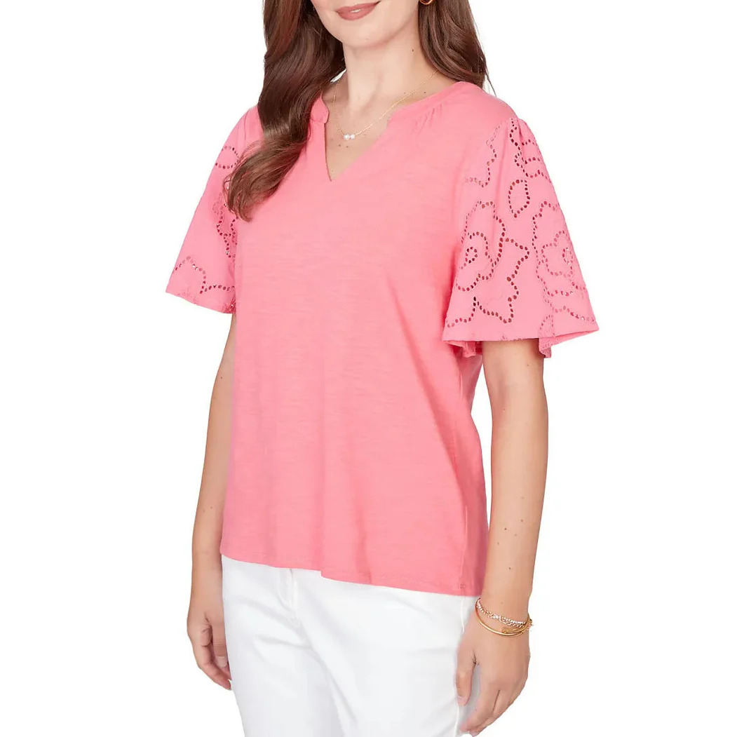 Ruby Rd. Womens Eyelet Sleeve Cotton Jersey Top - Image 3