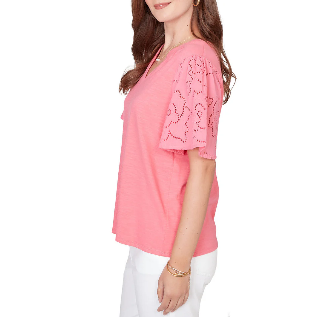 Ruby Rd. Womens Eyelet Sleeve Cotton Jersey Top - Image 4