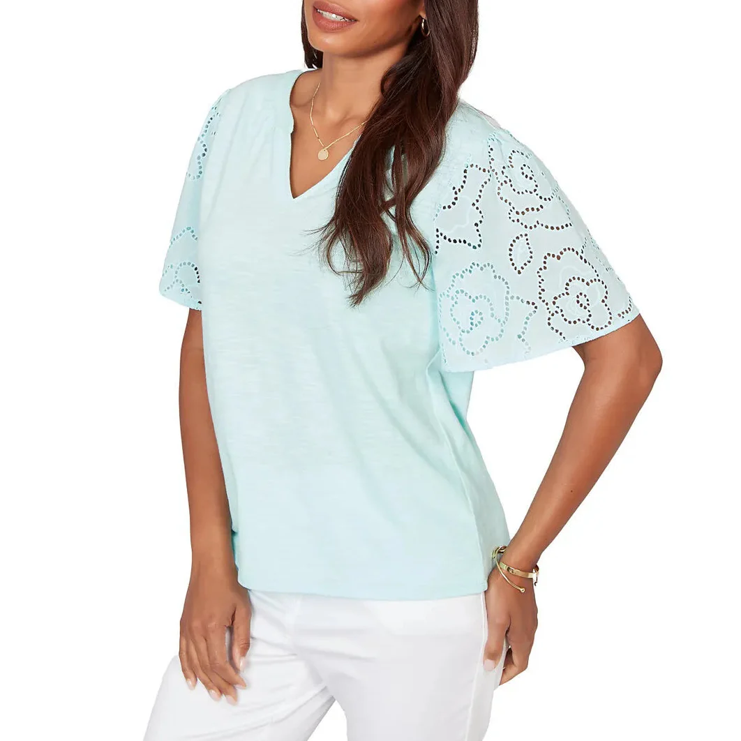 Ruby Rd. Womens Eyelet Sleeve Cotton Jersey Top - Image 3