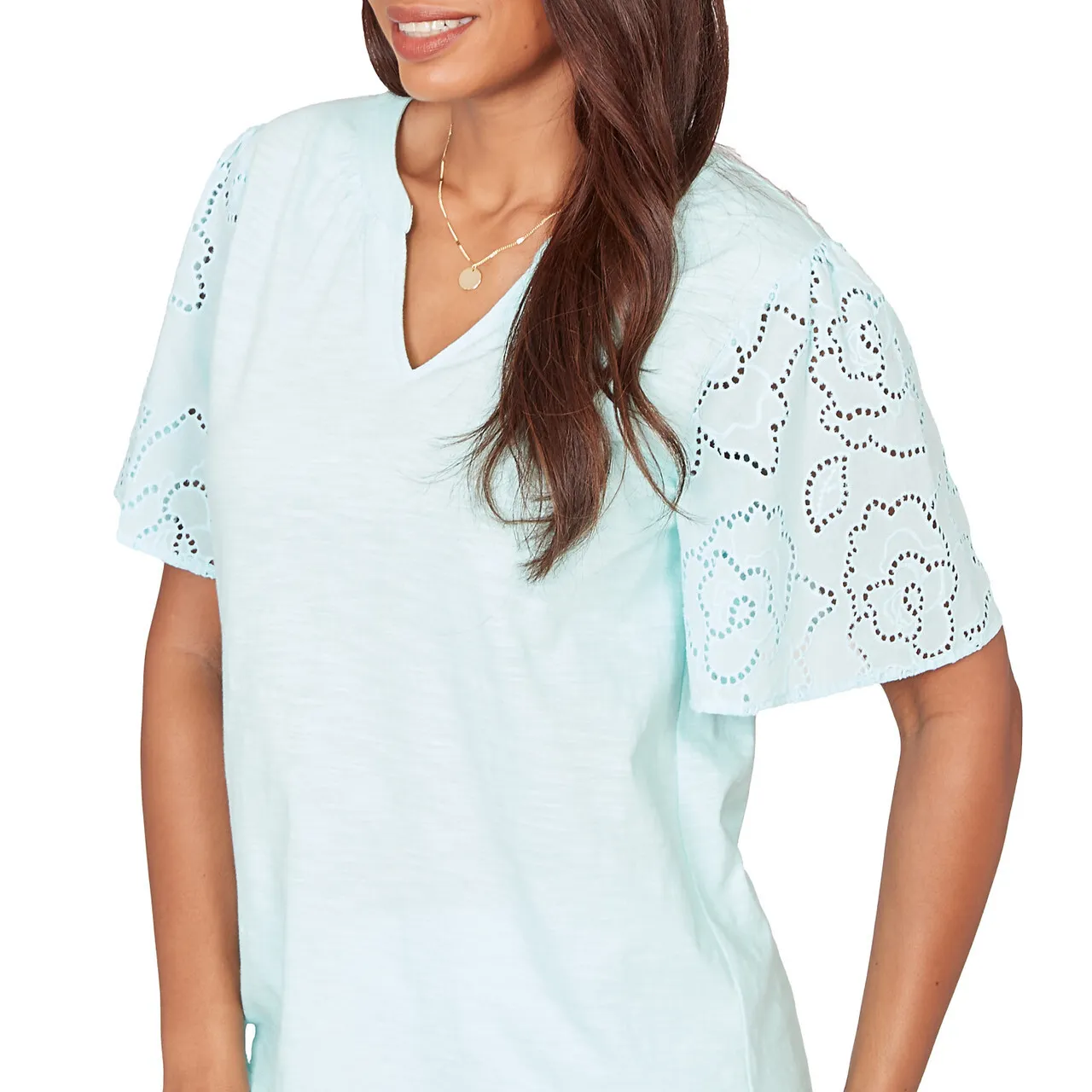 Ruby Rd. Womens Eyelet Sleeve Cotton Jersey Top - Image 5