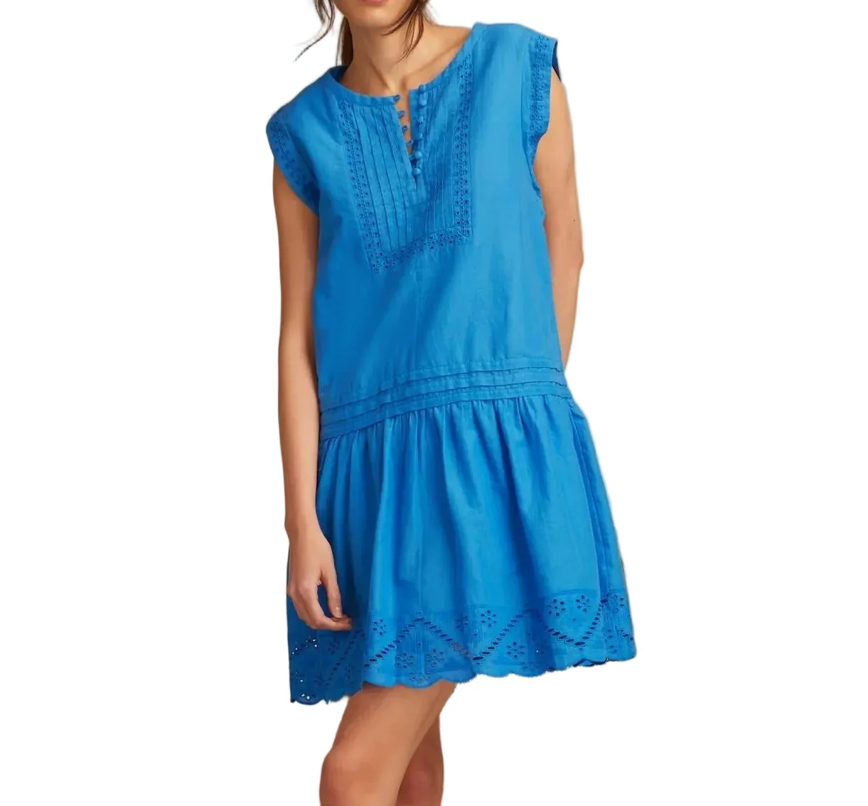 Lucky Brand Womens Short Sleeve Cutwork Tiered Mini Dress