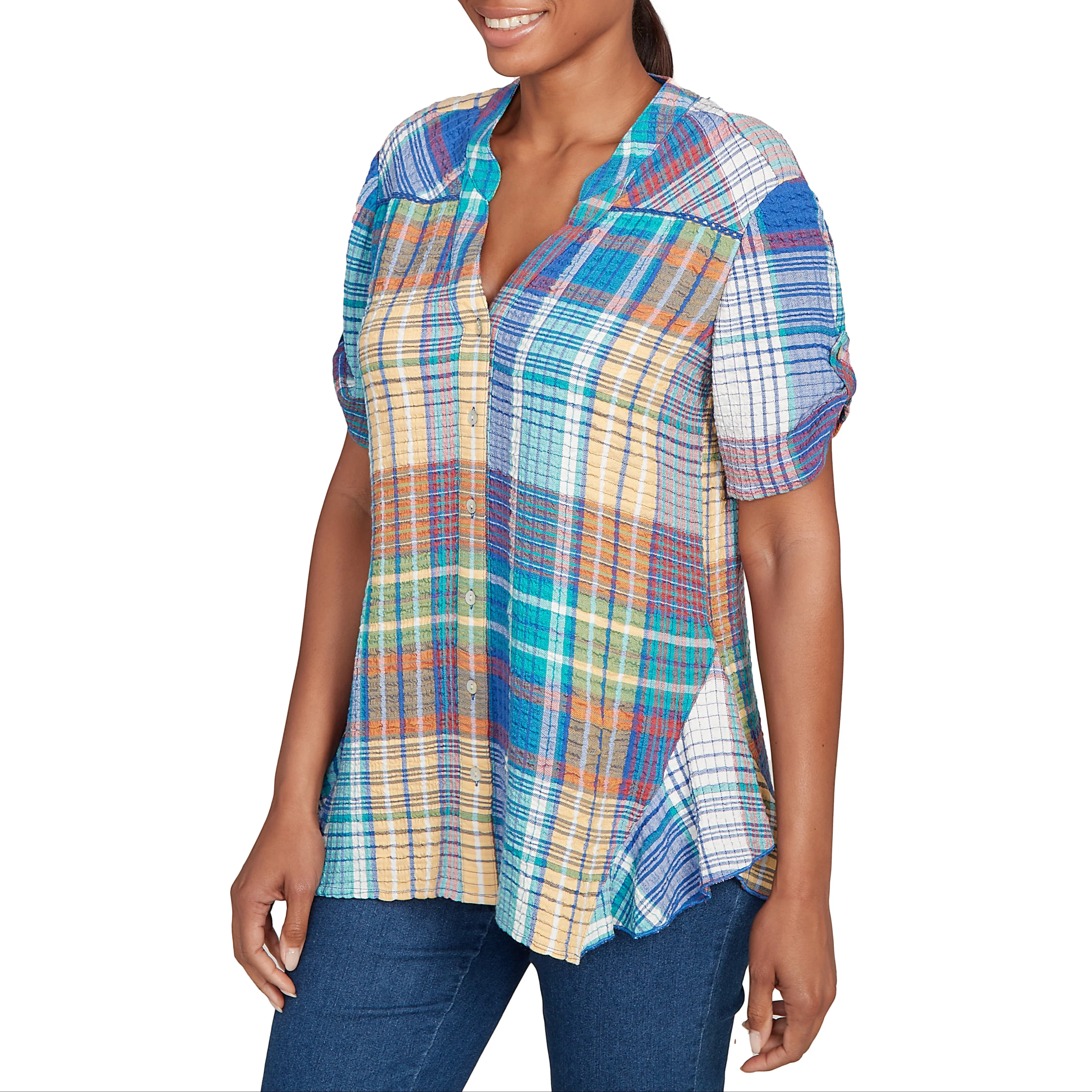 Ruby Rd. Womens Madres Plaid Short Sleeve Top - Image 2