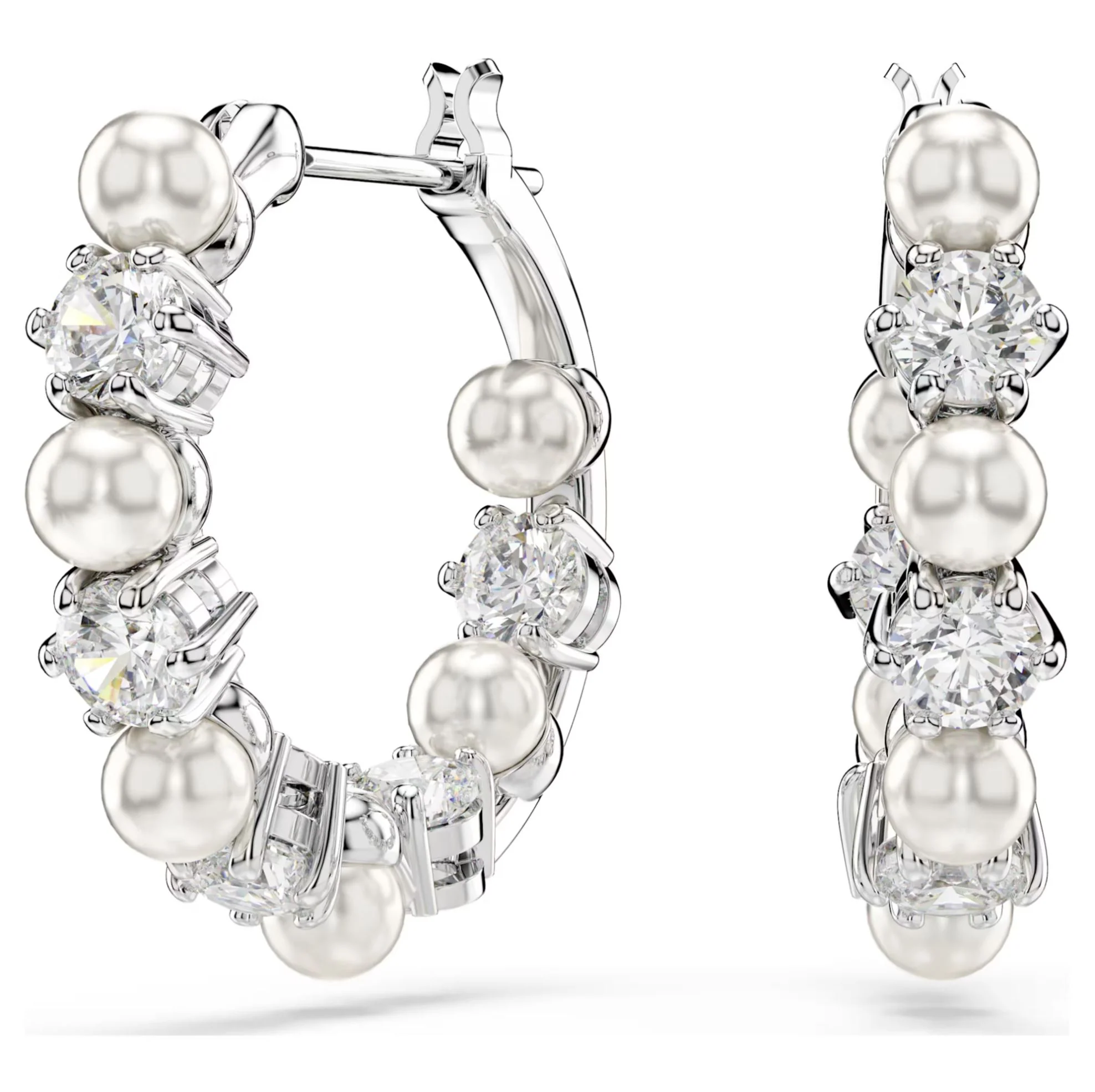 Swarovski Matrix Hoop Earrings - Crystal pearl, Round cut, White, Rhodium plated