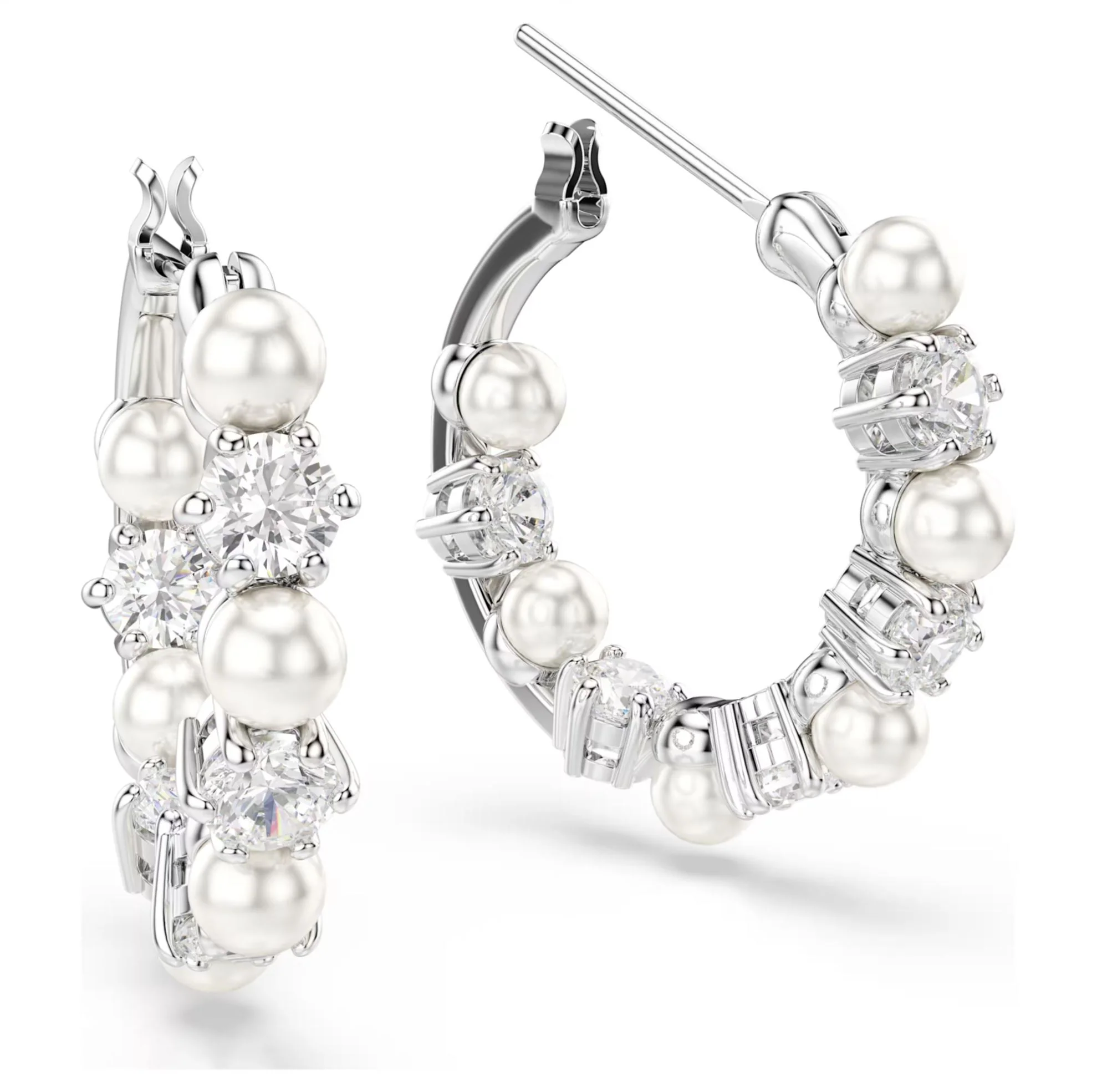 Swarovski Matrix Hoop Earrings - Crystal pearl, Round cut, White, Rhodium plated - Image 3