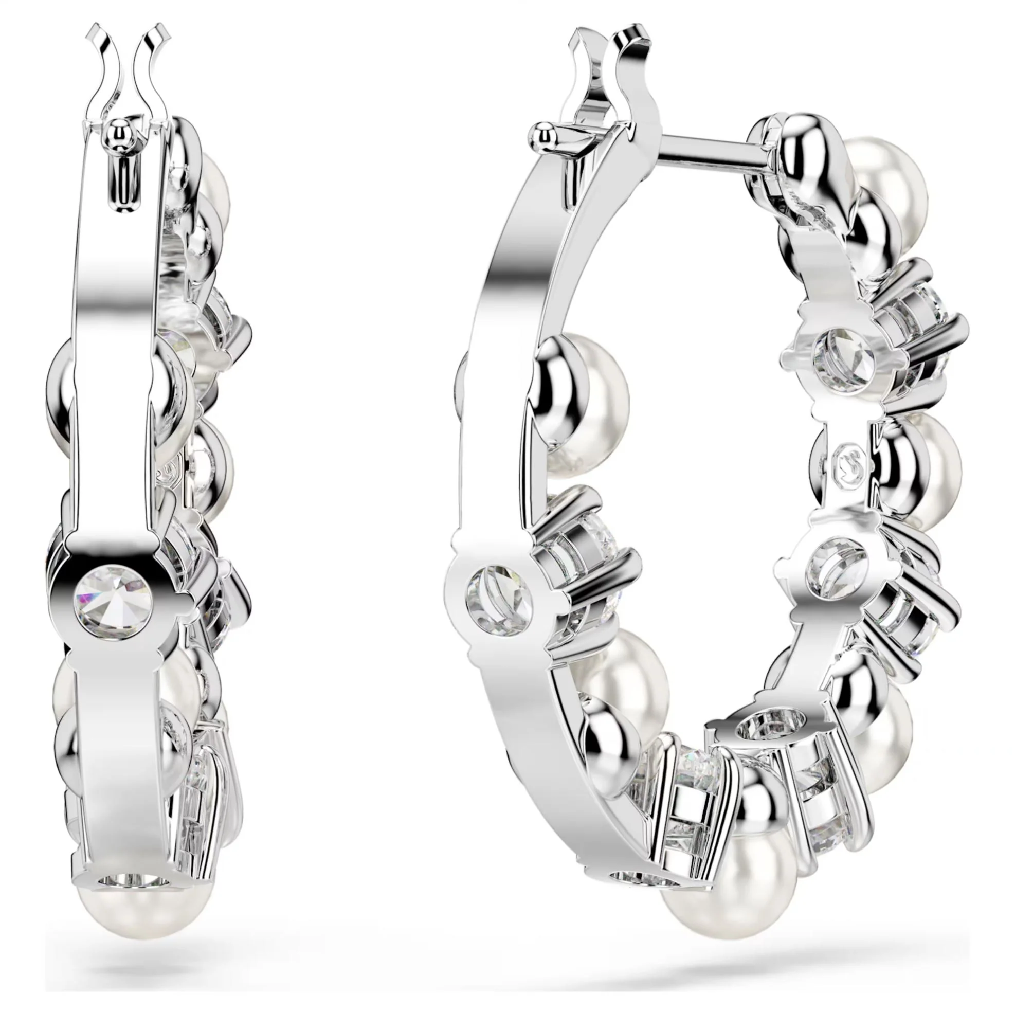 Swarovski Matrix Hoop Earrings - Crystal pearl, Round cut, White, Rhodium plated - Image 4