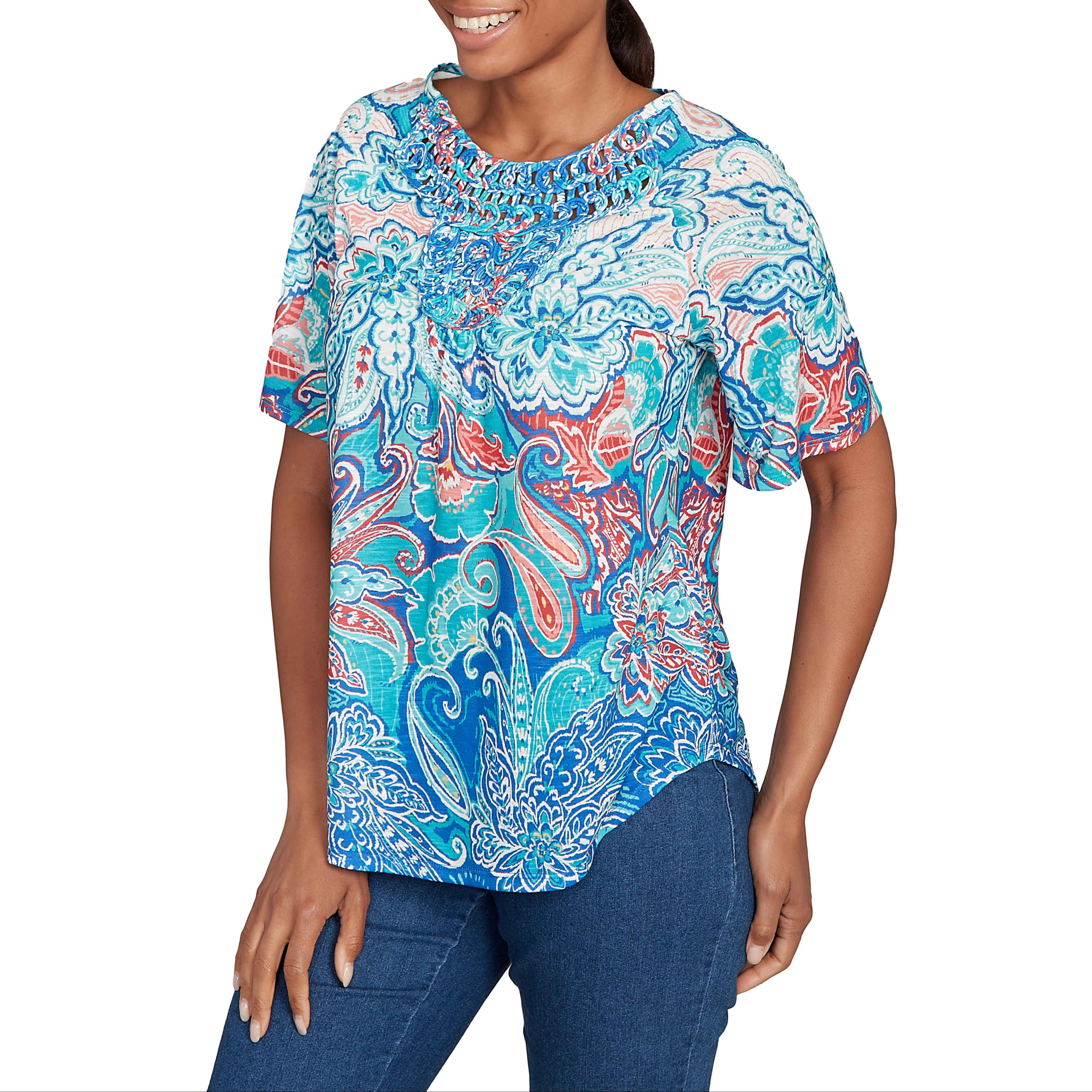 Ruby Rd. Womens Scoop Neck Paisley Short Sleeve Top - Image 2