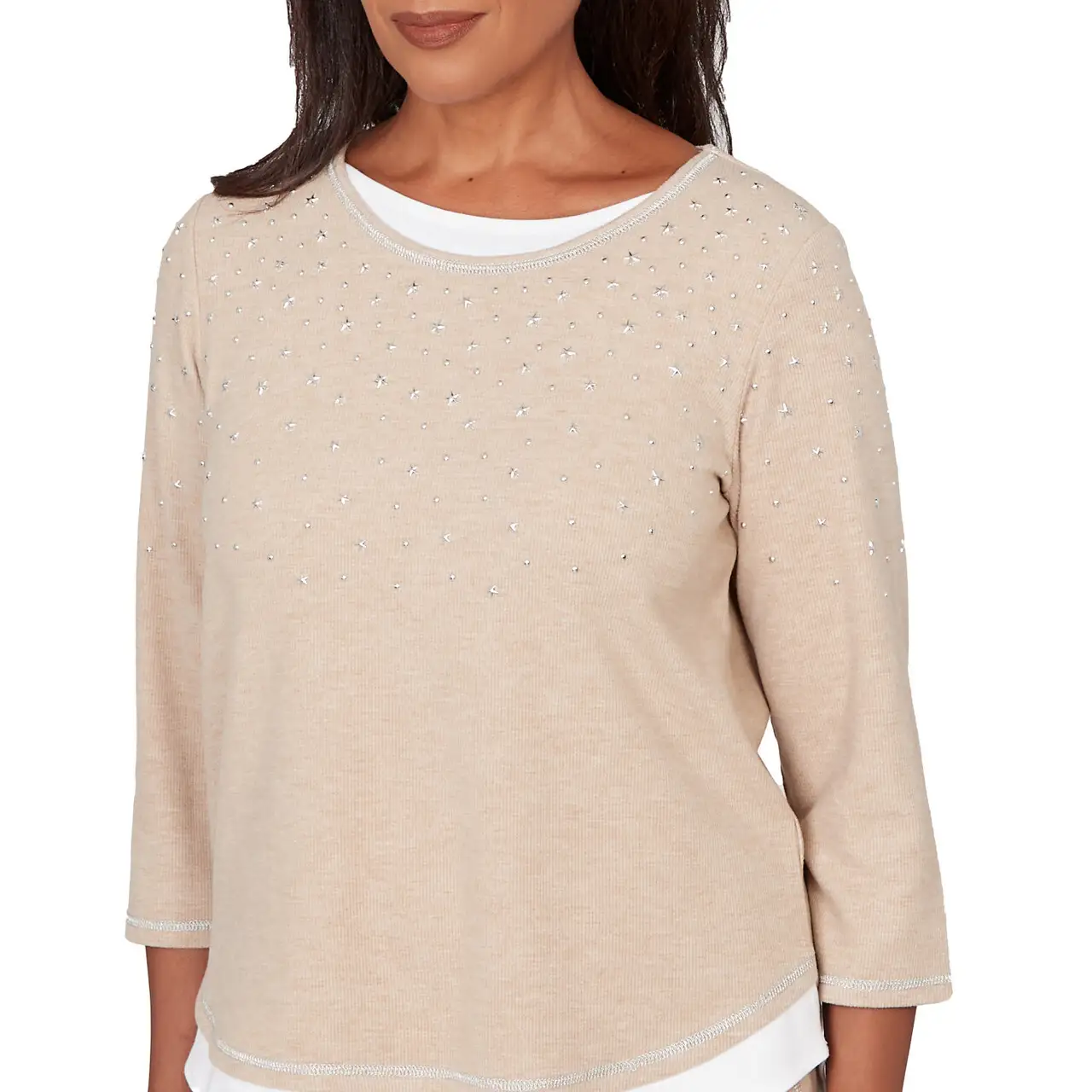 Ruby Rd. Womens Embellished Layered Hem Crew Neck Top - Image 3