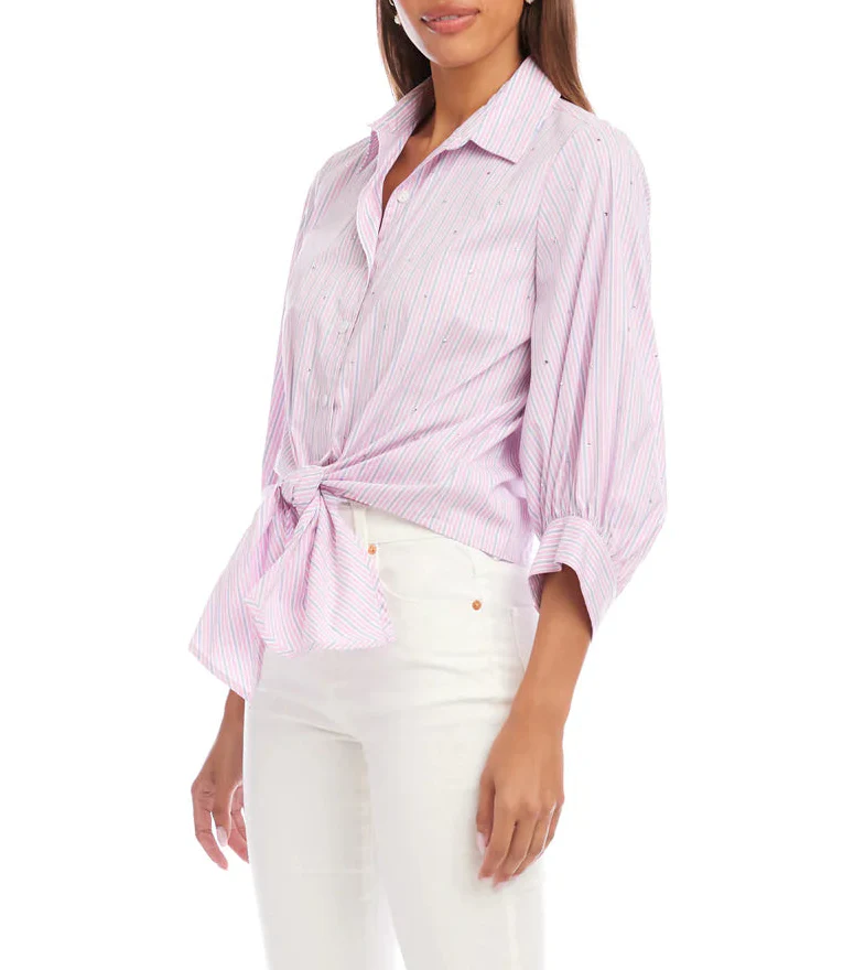 Karen Kane Womens Stripe Blouson Sleeve Embellished Tie-Front Top - Image 2