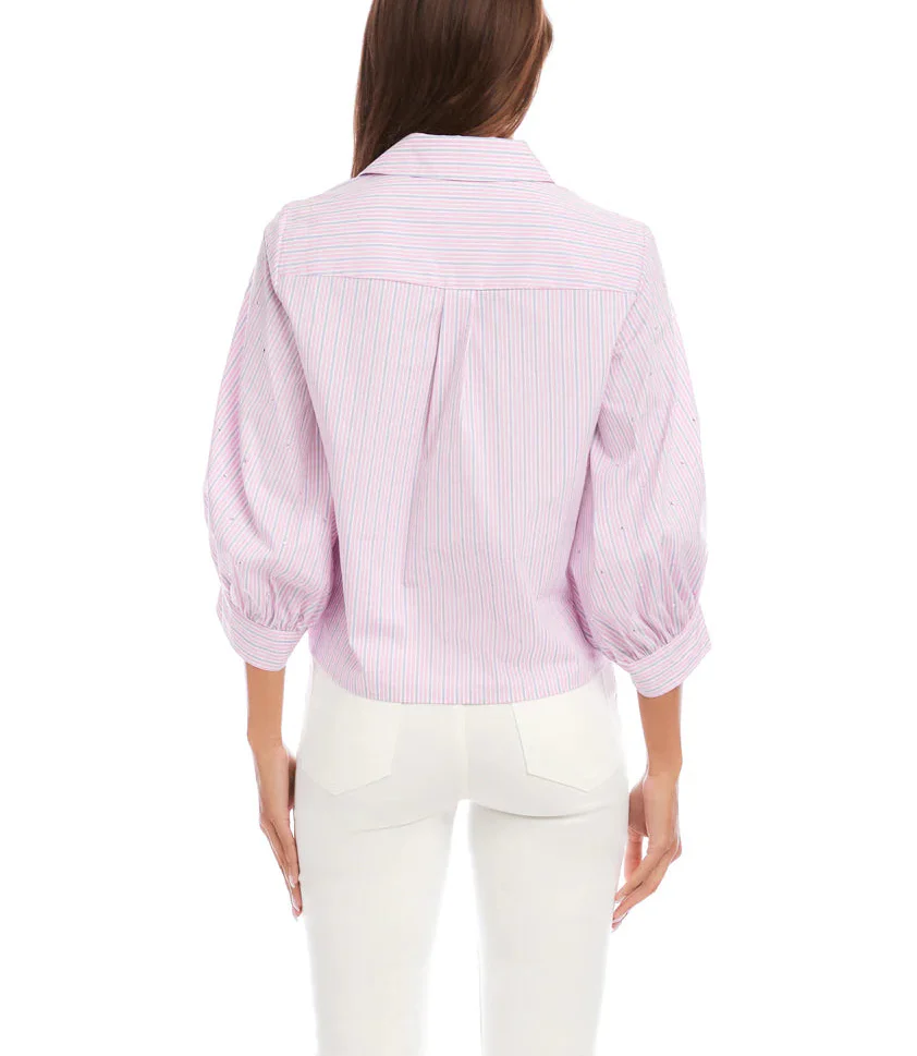 Karen Kane Womens Stripe Blouson Sleeve Embellished Tie-Front Top - Image 4