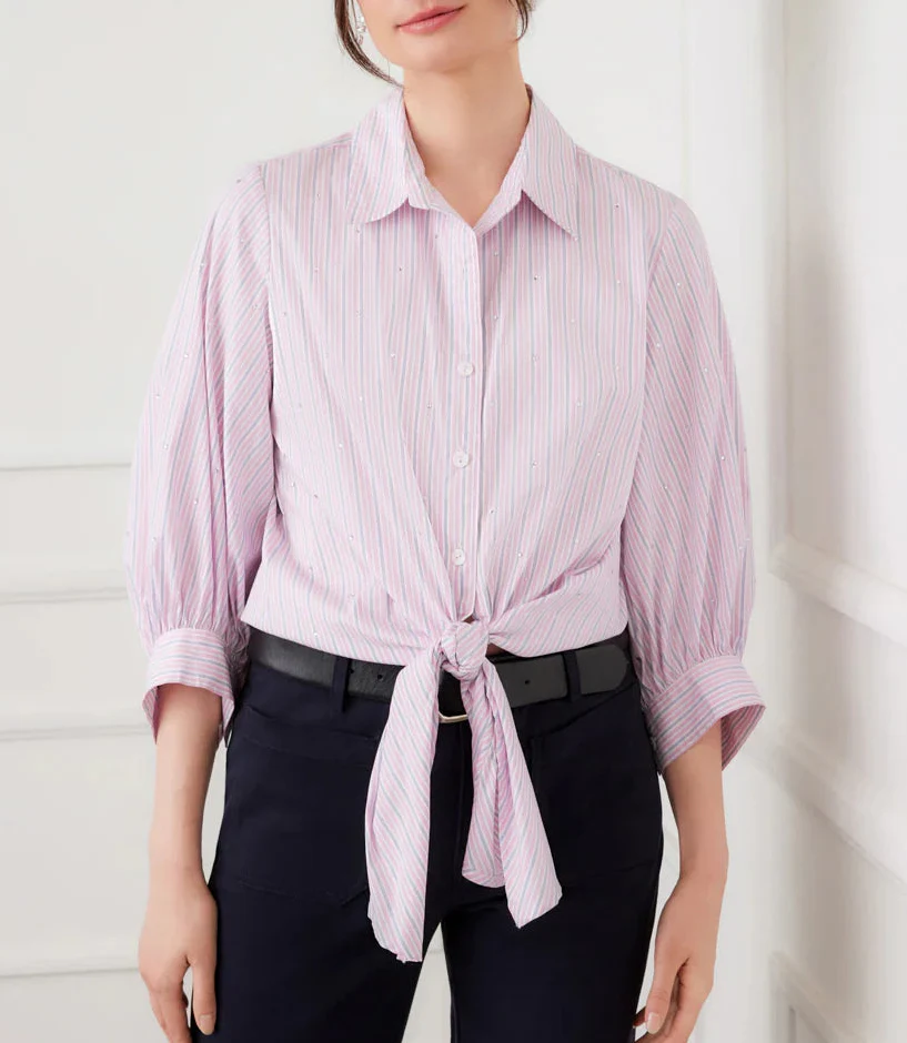 Karen Kane Womens Stripe Blouson Sleeve Embellished Tie-Front Top - Image 5