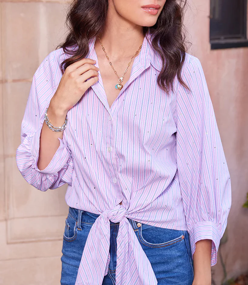 Karen Kane Womens Stripe Blouson Sleeve Embellished Tie-Front Top - Image 6