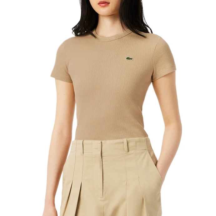 Lacoste Womens Slim Fit Ribbed Cotton Short Sleeve T-Shirt - Image 3