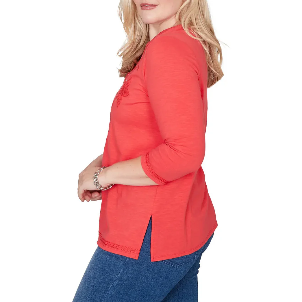 Alfred Dunner Womens Tonal Embroidered Split Neck Top - Image 4