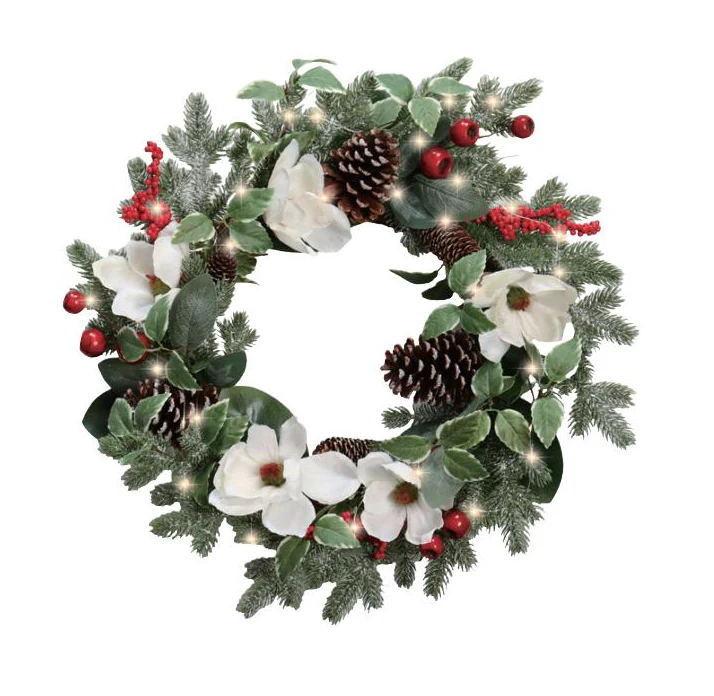Transpac LED Magnolia Wreath with Berries & Cones