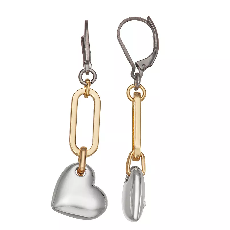Nine West Tri-Tone Heart Drop Lever Back Earrings