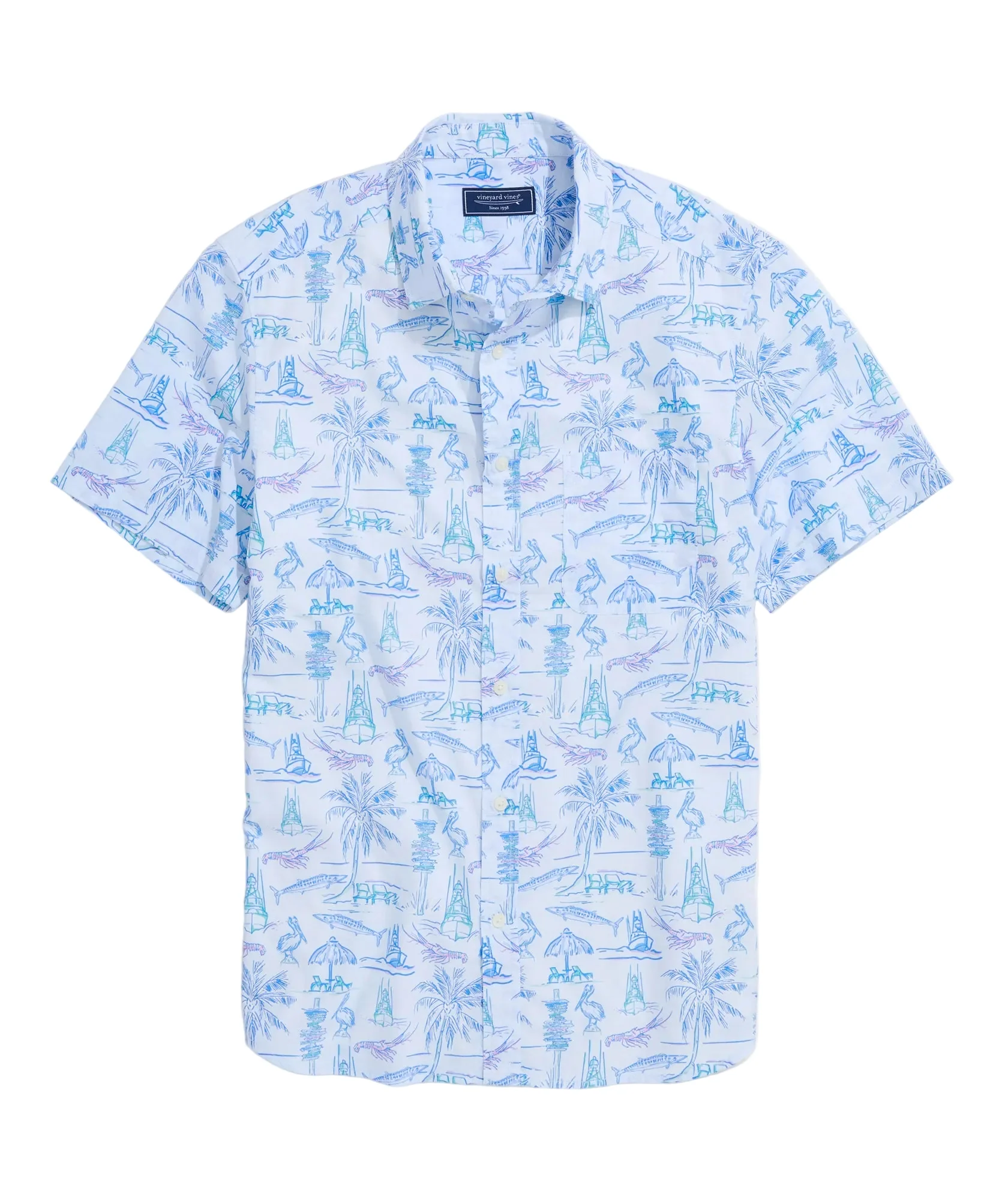 Vineyard Vines Mens Key West Scenes Cotton Madras Short-Sleeve Shirt