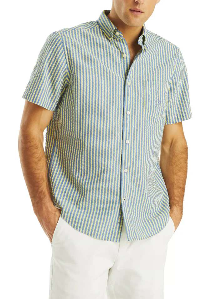 Nautica Mens Striped Seersucker Short Sleeve Shirt