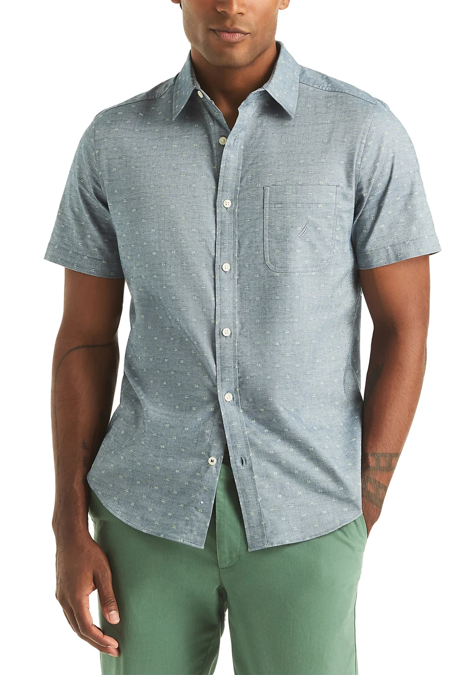 Nautica Mens Oxford Dobby Woven Button Up Short Sleeve Shirt