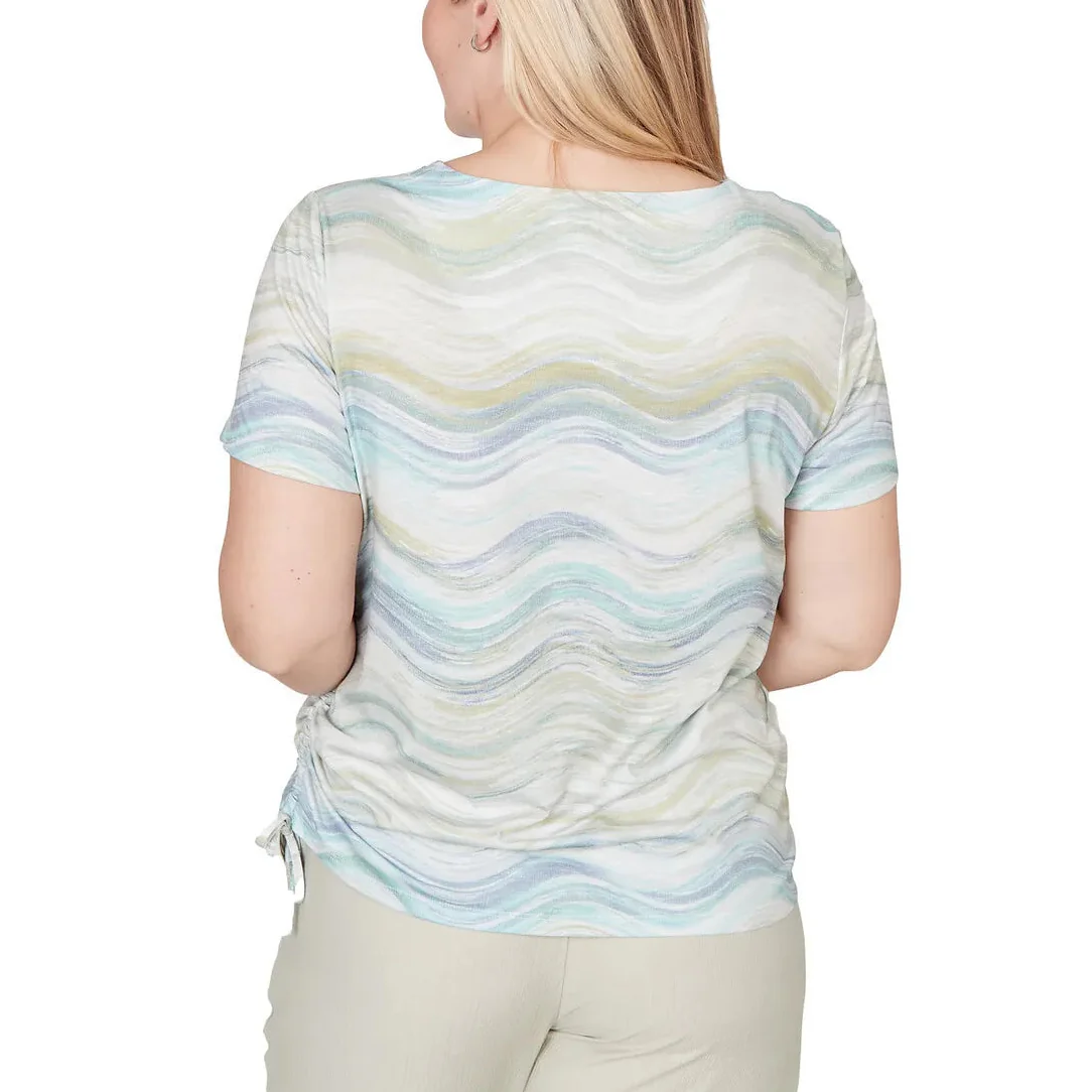 Alfred Dunner Womens Wavy Biadere Side Tie Ruched Short Sleeve T-Shirt - Image 2